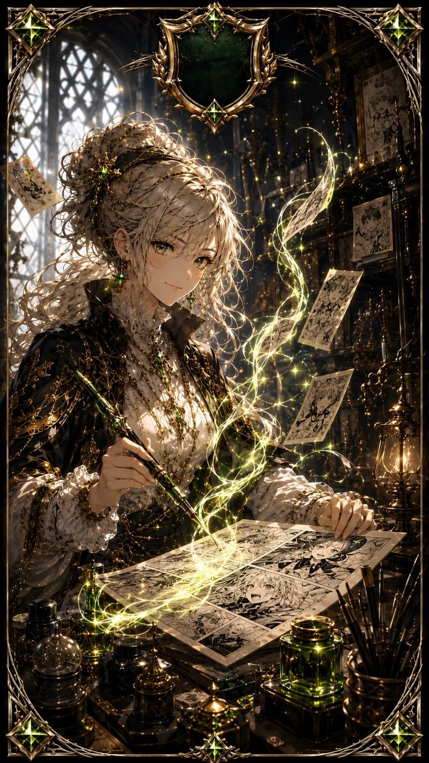 煌めく光の中でペンを走らせる漫画アーティスト
