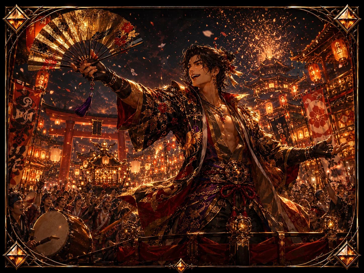 提灯灯る祭りの夜に扇を掲げる和装のフェスティバー